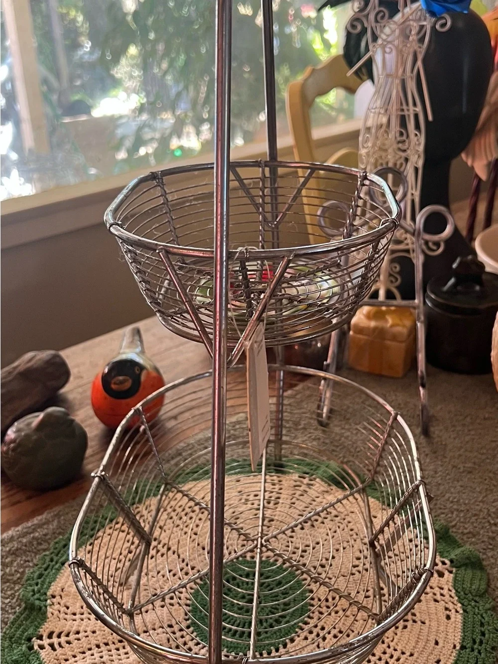 NOS Unique Oval Shaped Two-Tier Wire Basket Stand Stainless Steel Farmhouse